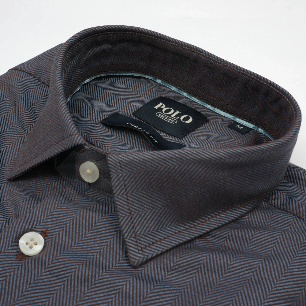 Polo Mens Herringbone Long Sleeves Shirt In Brown/Blue
