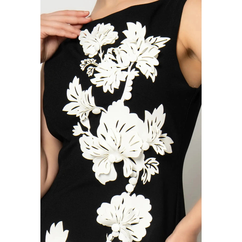Rengin Womens Sleeveless Crepe Evening Dress with One-Sided 3D Floral In Black