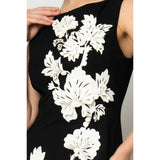 Rengin Womens Sleeveless Crepe Evening Dress with One-Sided 3D Floral In Black