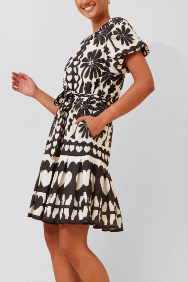Izabel London Ladies Puff Sleeve Crew Neck Dress In Black & White