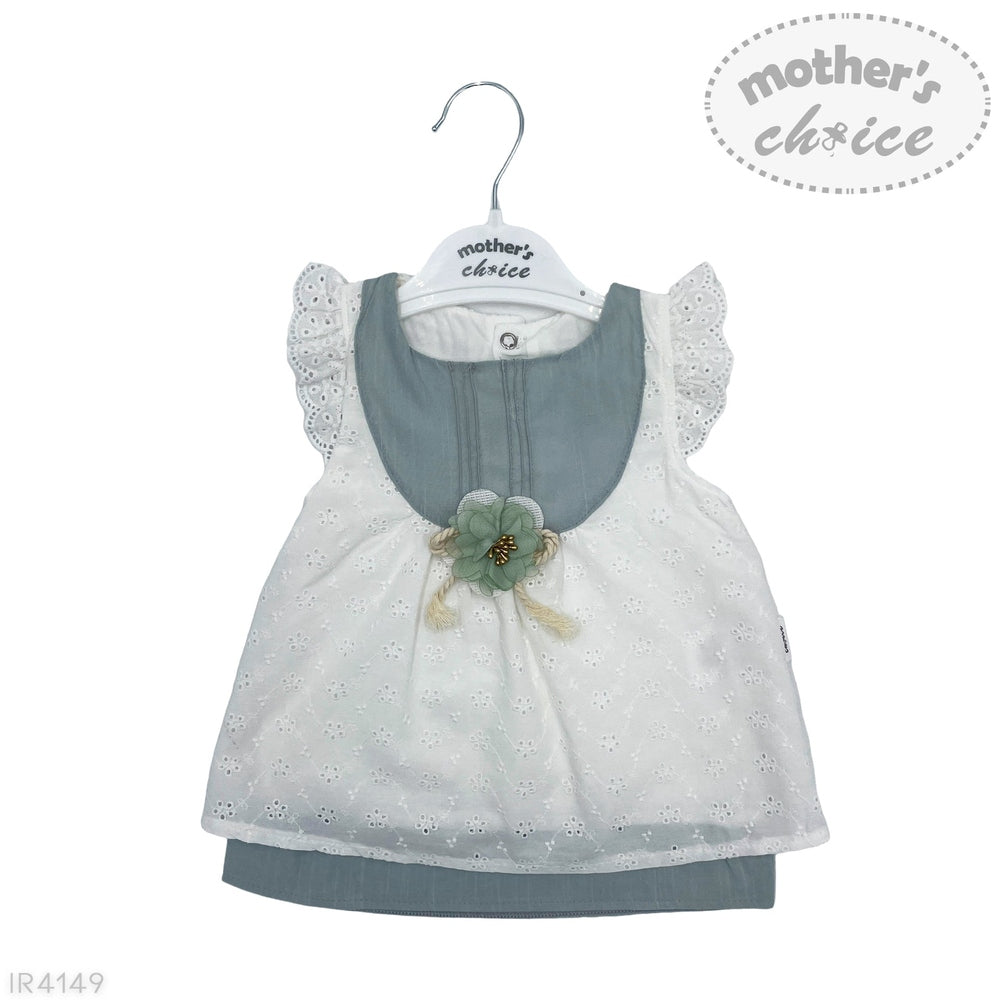 Mother's Choice Girls Cotton Half Sleves Linen Dress Summer Dip In White/Blue