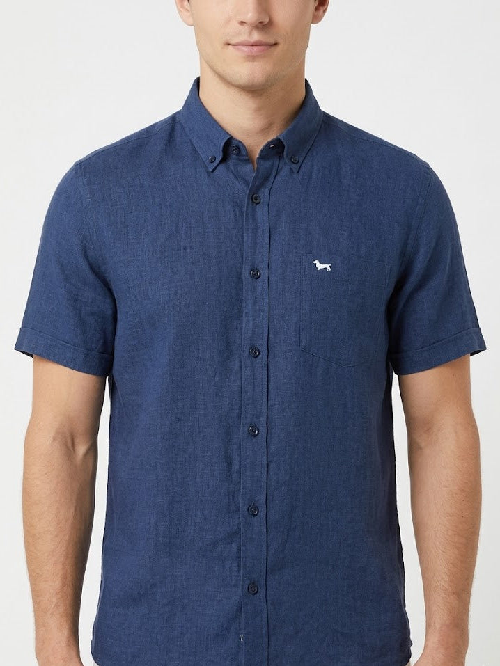 Harmont & Blaine Mens Straight Fit Pure Linen Short Sleeve Shirt In Dark Blue