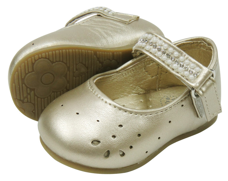 Mother's Choice Girls Shoe With Pearls & Diamantes In Matt Gold