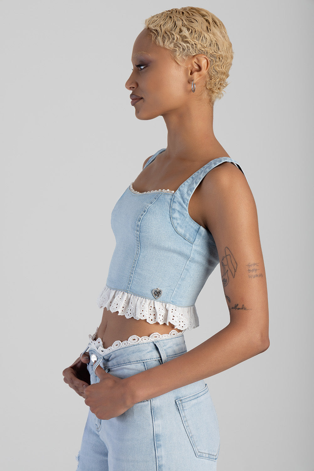 Sissyboy Womens Denim and Anglaise Corset In Light Blue