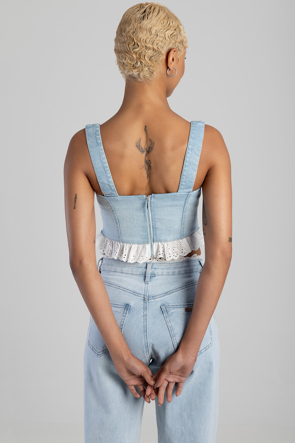 Sissyboy Womens Denim and Anglaise Corset In Light Blue