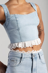 Sissyboy Womens Denim and Anglaise Corset In Light Blue