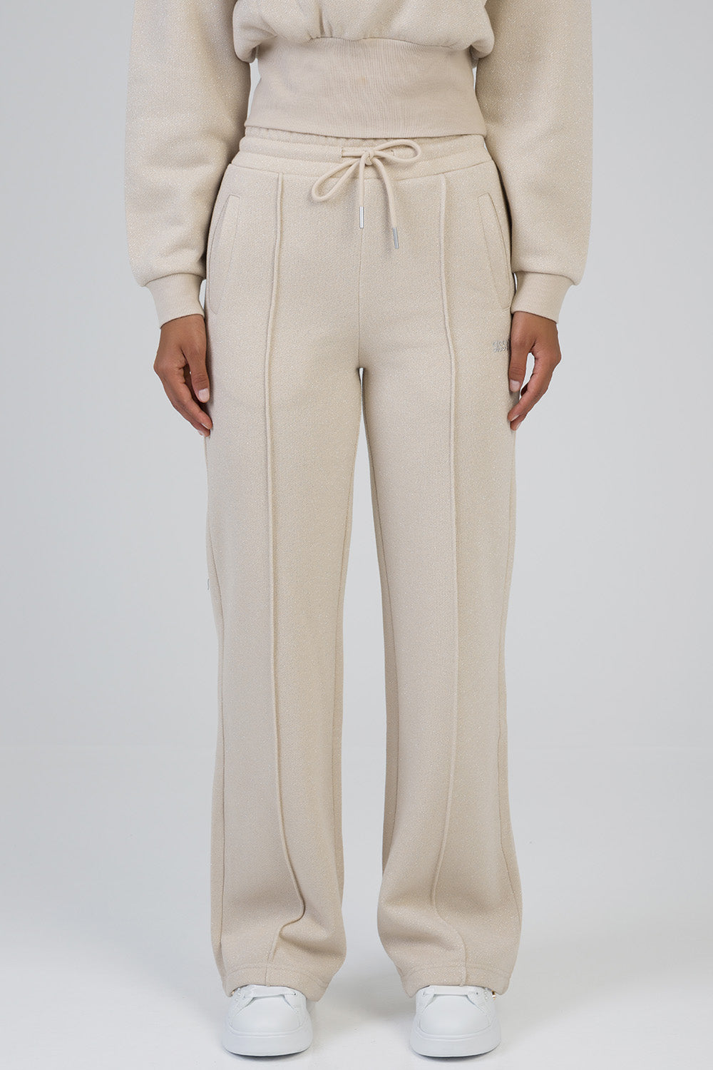 Sissyboy Ladies Glitter Fleece Wide Leg Sweat Pants In Stone