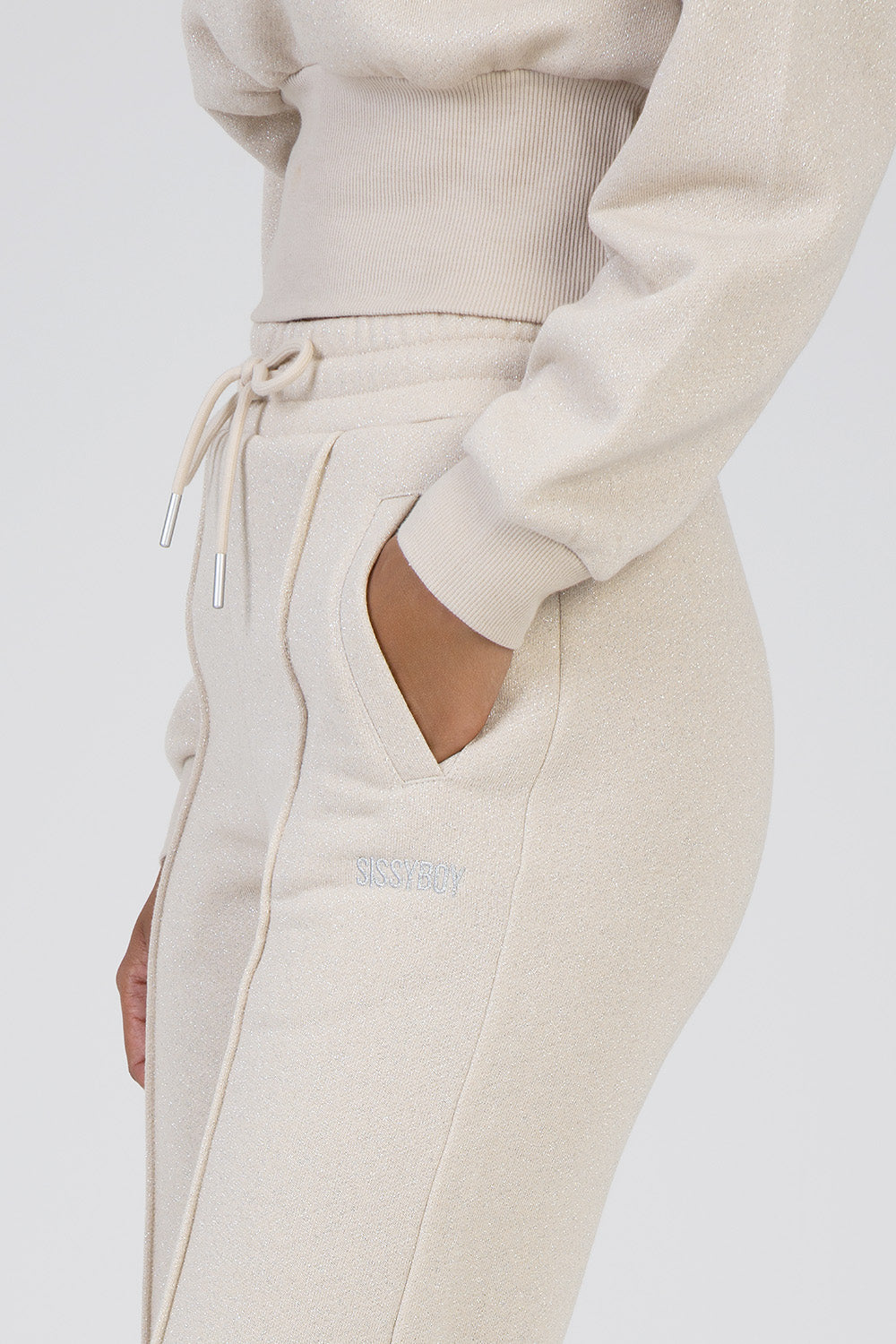 Sissyboy Ladies Glitter Fleece Wide Leg Sweat Pants In Stone