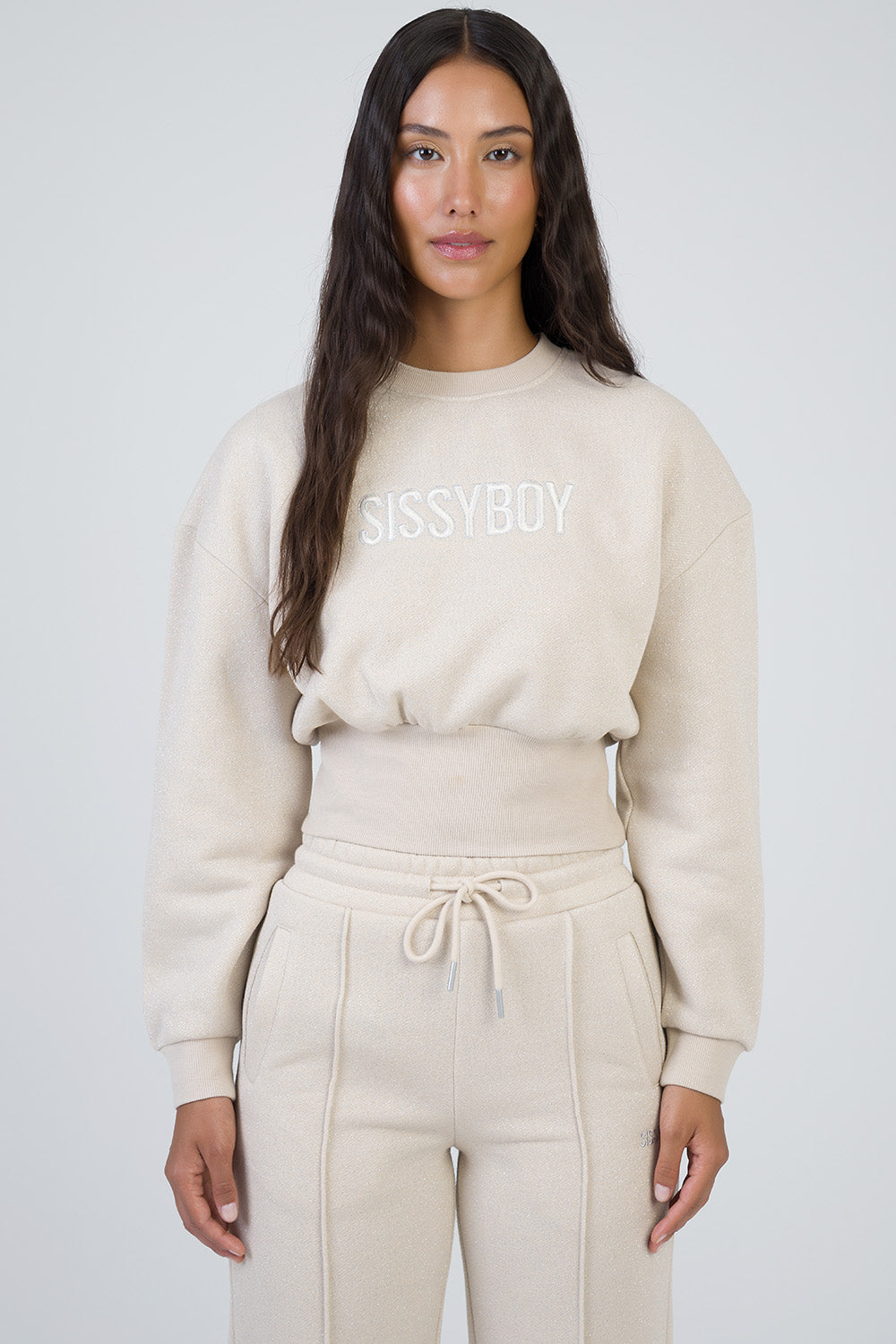 Sissyboy Ladies Glitter Fleece Sweater In Stone