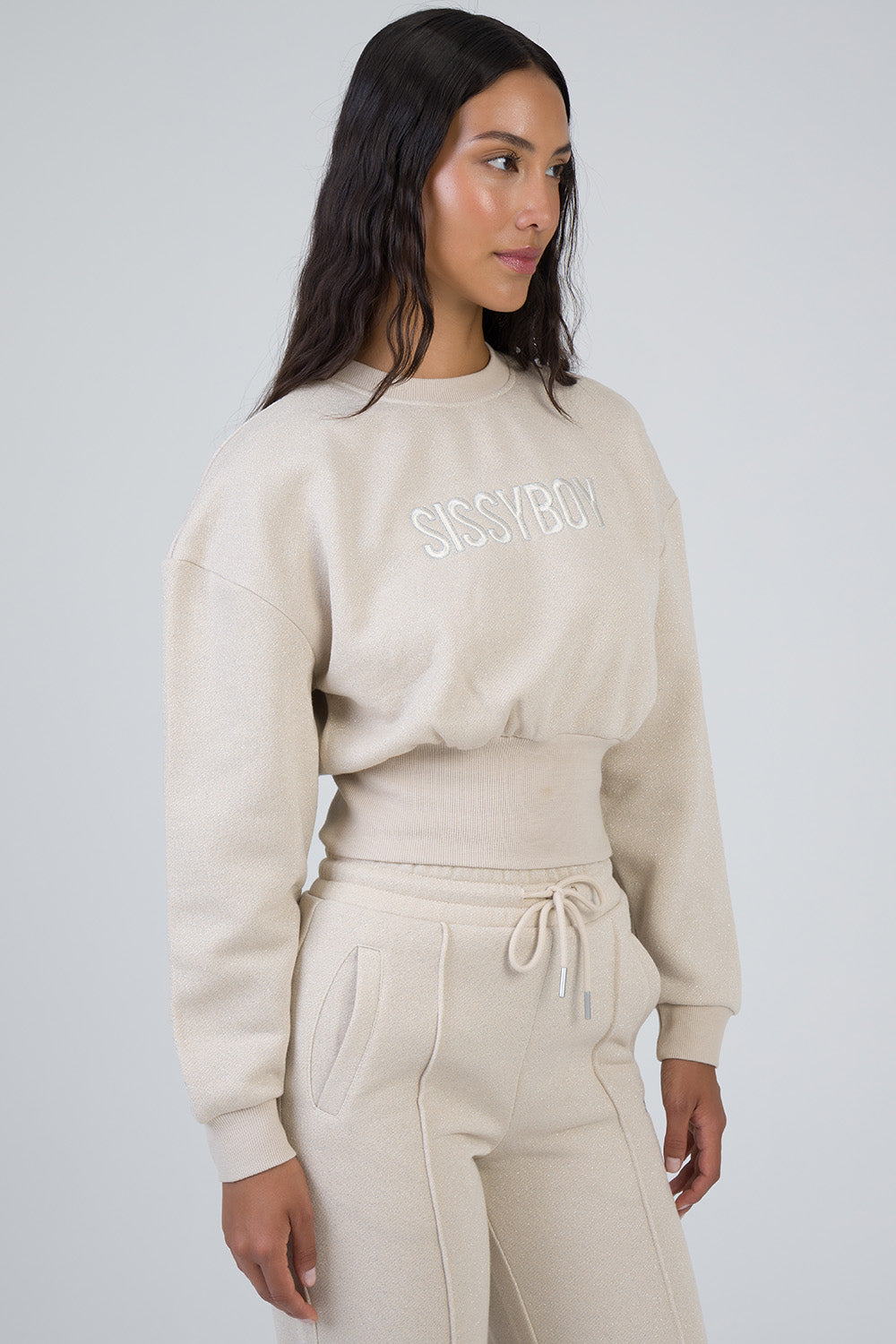 Sissyboy Ladies Glitter Fleece Sweater In Stone