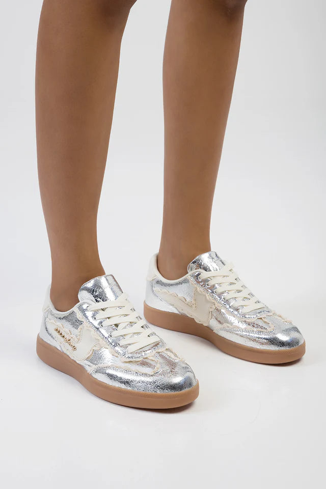Sissy boy Womens Metalic Sneakers with Fabric In Silver