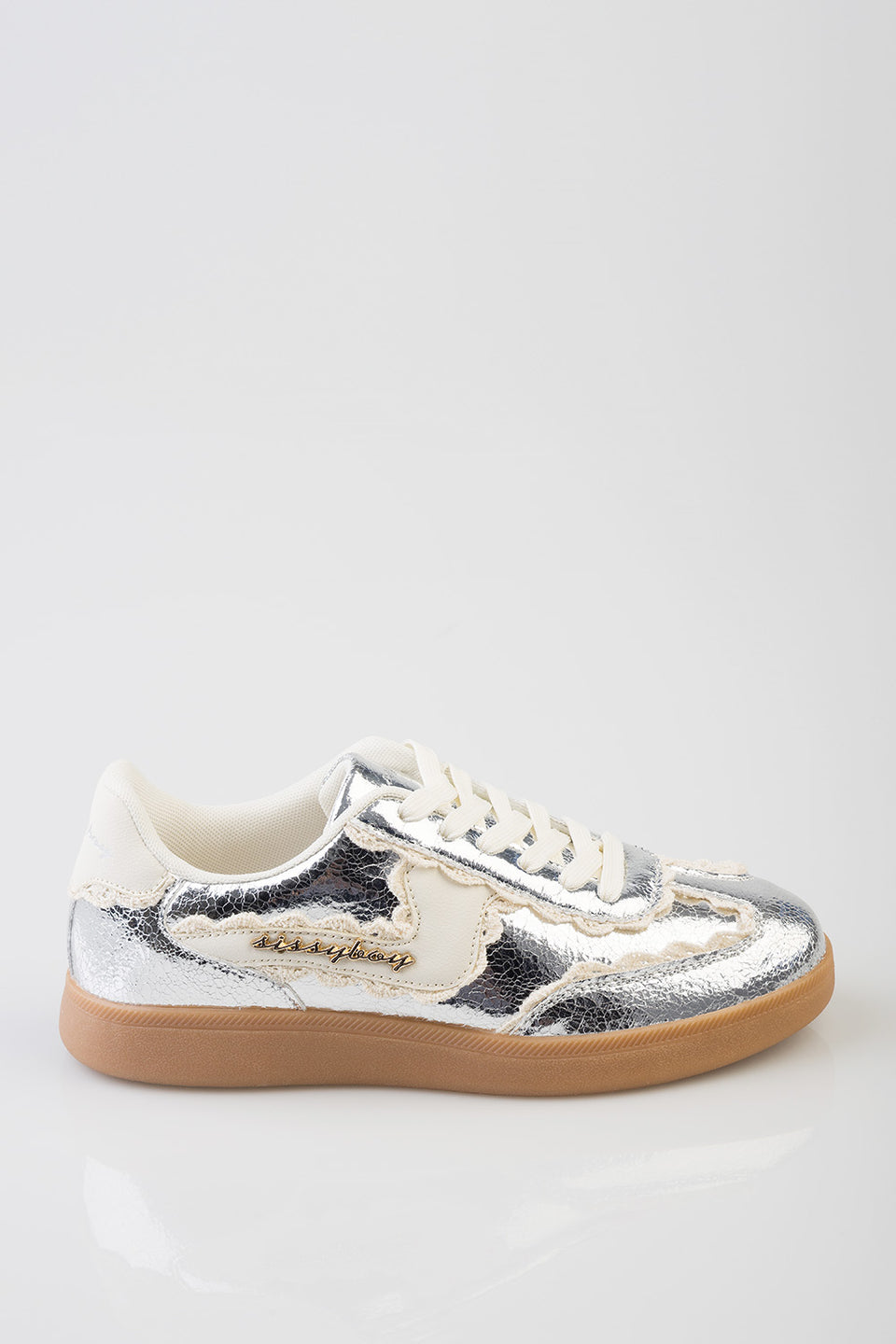 Sissy boy Womens Metalic Sneakers with Fabric In Silver