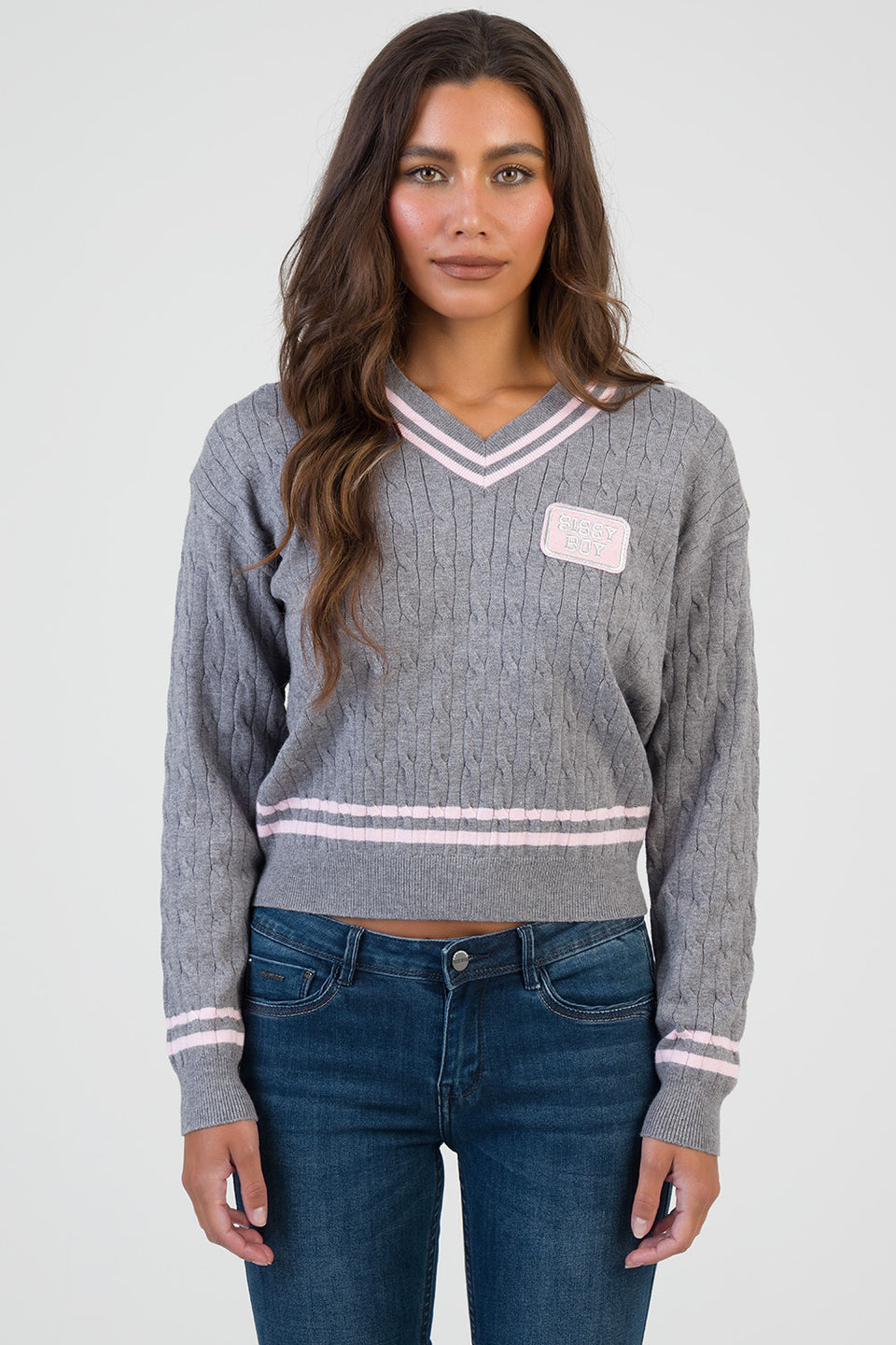 Sissy boy Womens V-Neck Cable Knit Jersey In Grey