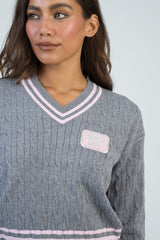 Sissy boy Womens V-Neck Cable Knit Jersey In Grey