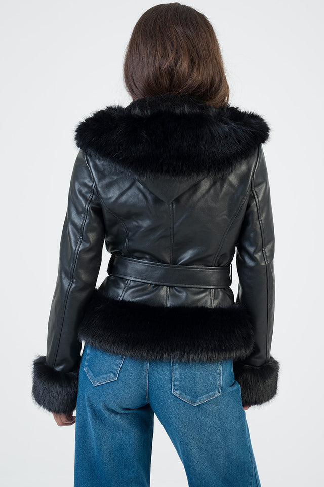 Sissy boy Womens Faux Fur And Faux Leather Jacket n Black