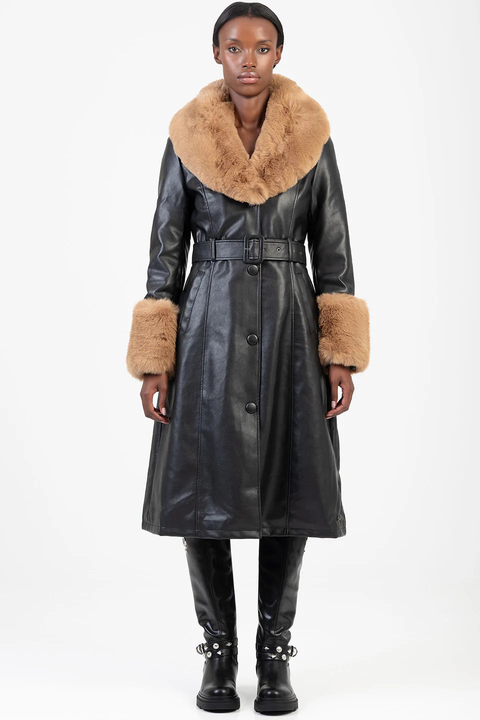 Sissy boy J32919 Faux Fur And Faux Leather Coat In Black And Brown