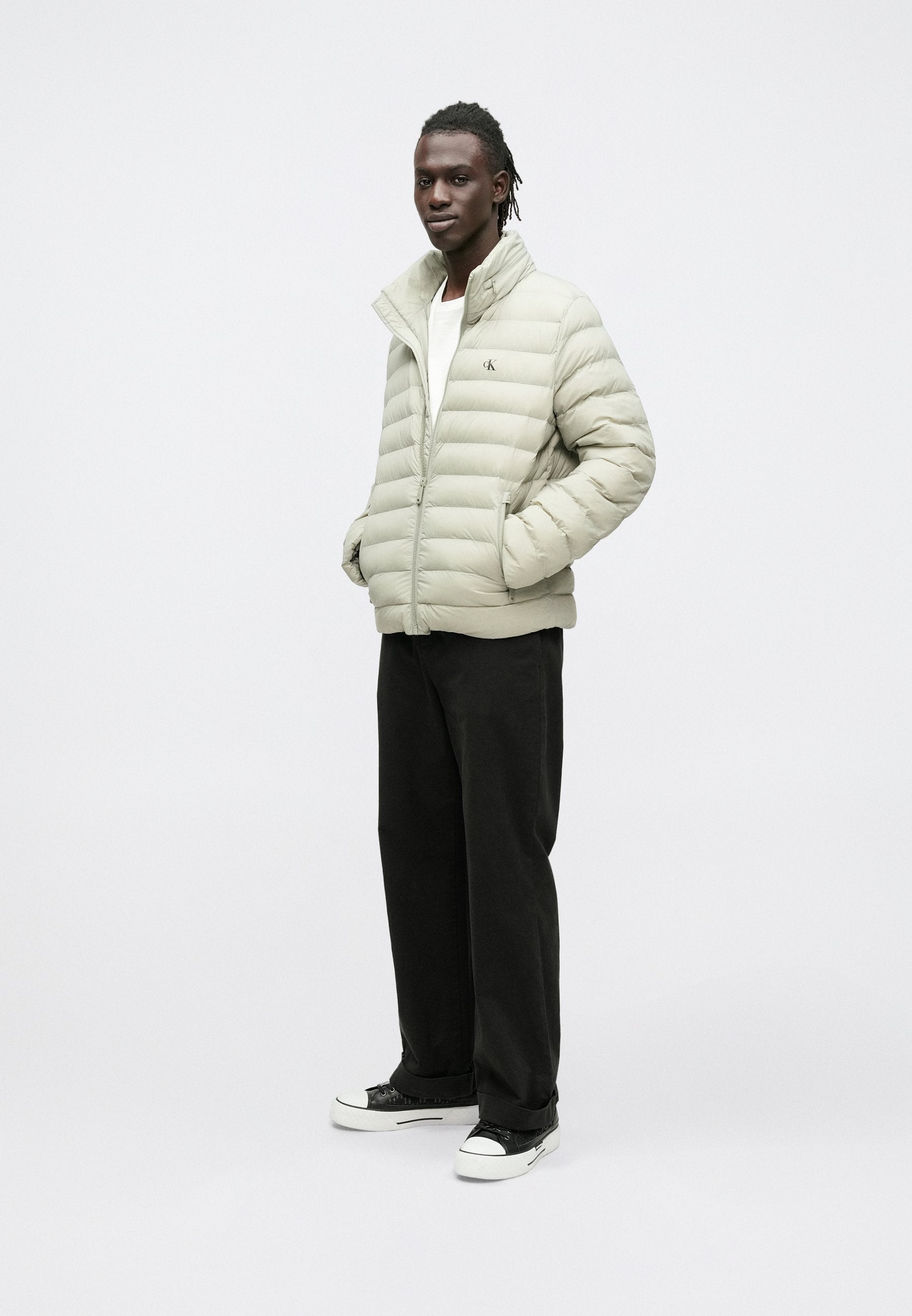 Calvin Klein Mens Long Sleeve Nylon Hooded Puffer Jacket In Fog