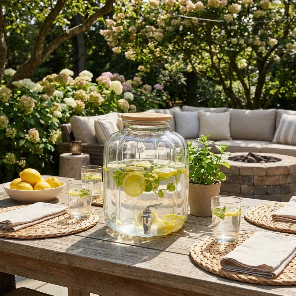 Aqua Glass Beverage Dispencer With Bamboo Lid In Clear