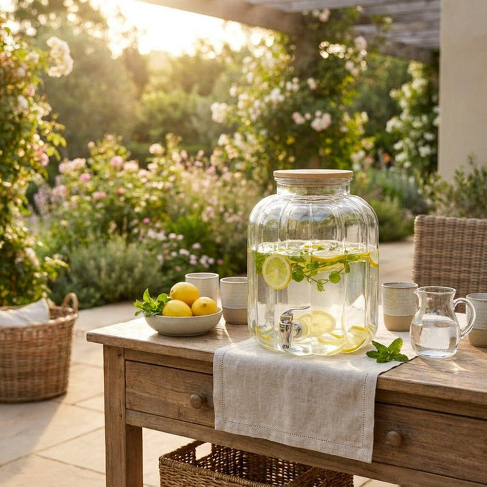 Aqua Glass Beverage Dispencer With Bamboo Lid In Clear