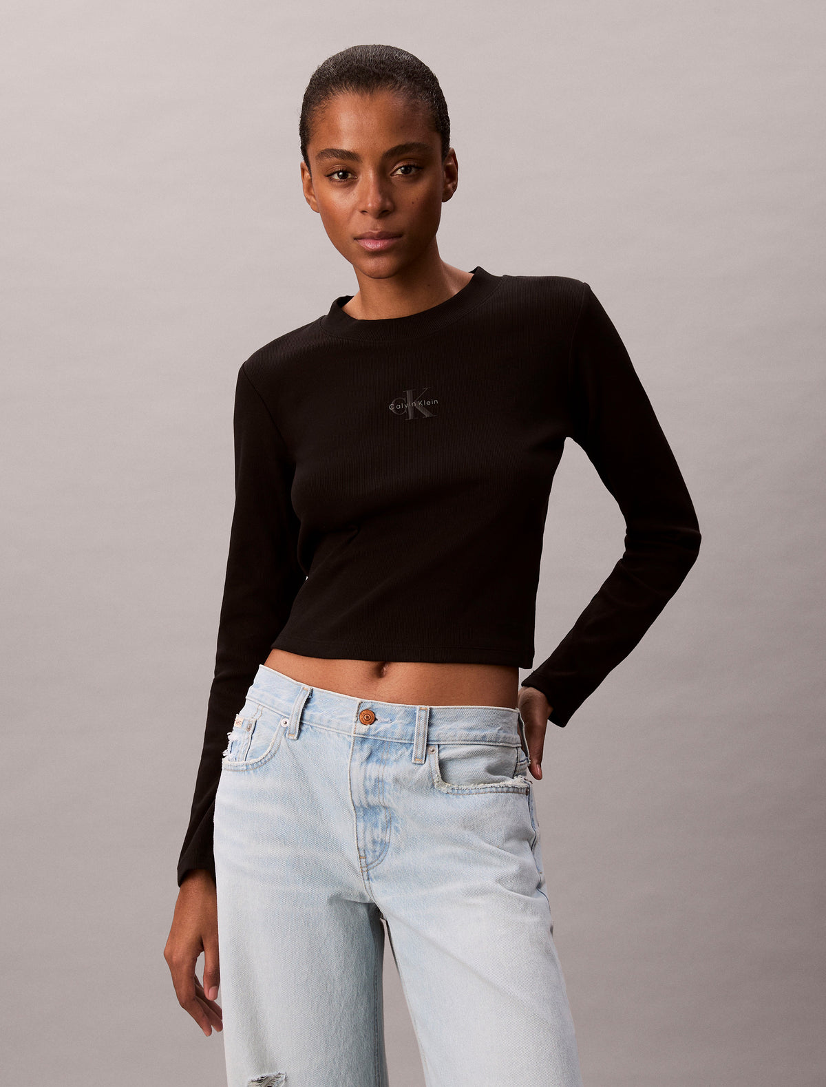 Calvin Klein Womens Monogram Long Sleeve Baby T-Shirt In Black