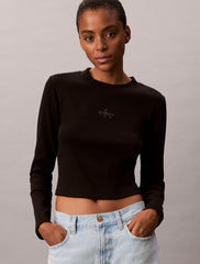Calvin Klein Womens Monogram Long Sleeve Baby T-Shirt In Black