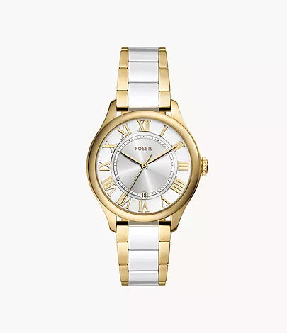 Fossil women's gilmore Three-Hand Date Gold-Tone and White Ceramic Watch