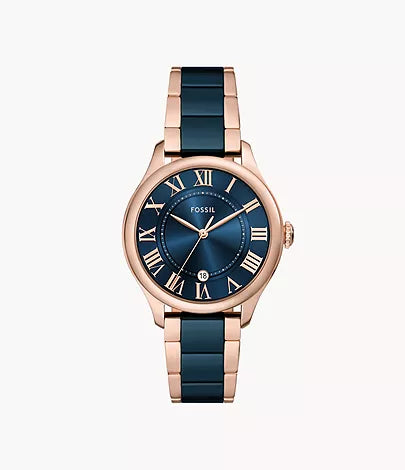 Fossil women's Gilmore Three-Hand Date Rose Gold-Tone and Navy Ceramic Watch