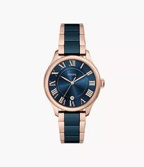 Fossil women's Gilmore Three-Hand Date Rose Gold-Tone and Navy Ceramic Watch