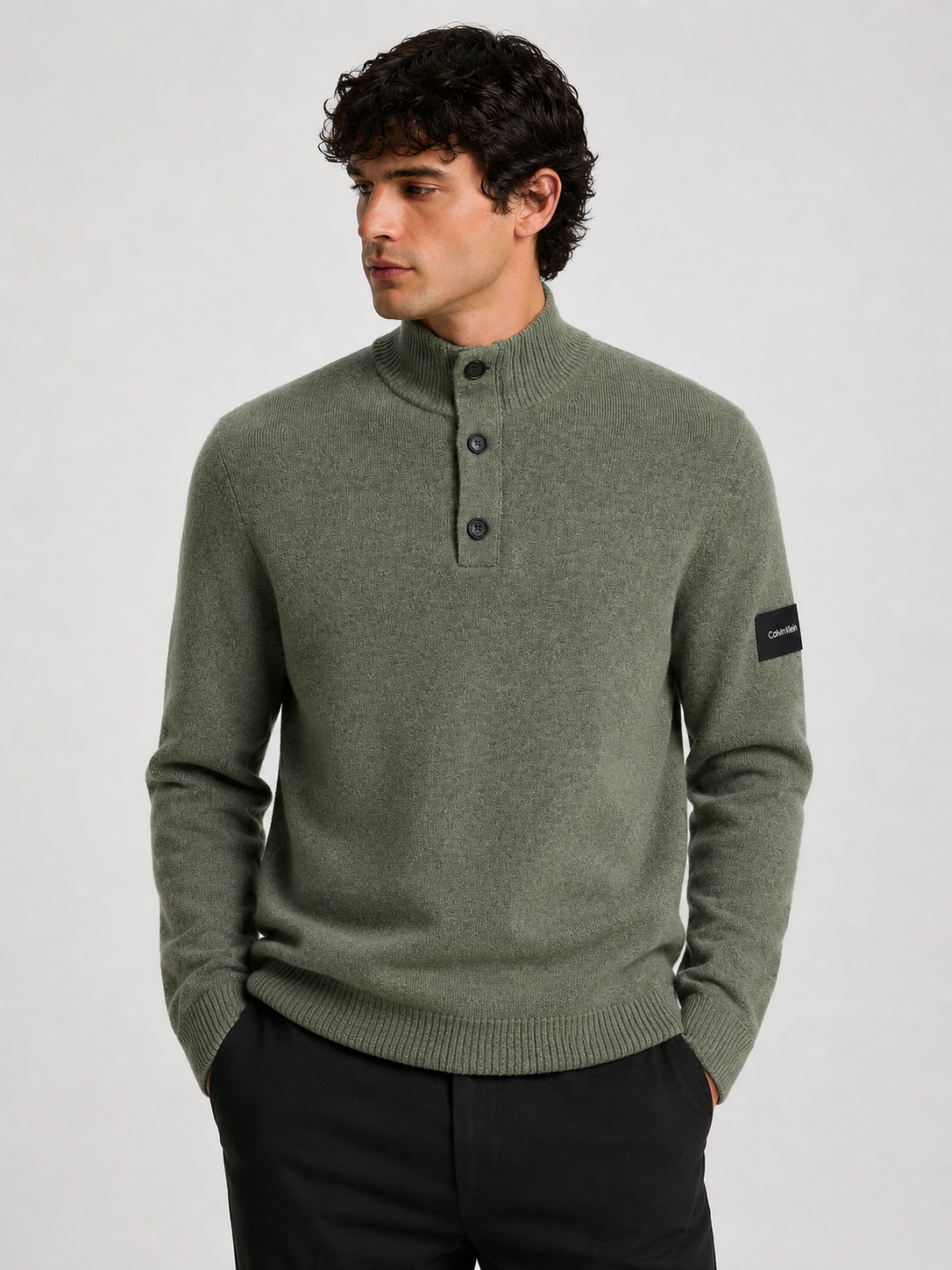 Calvin Klein Lycra Blend Button Quarter Zip In Thyme