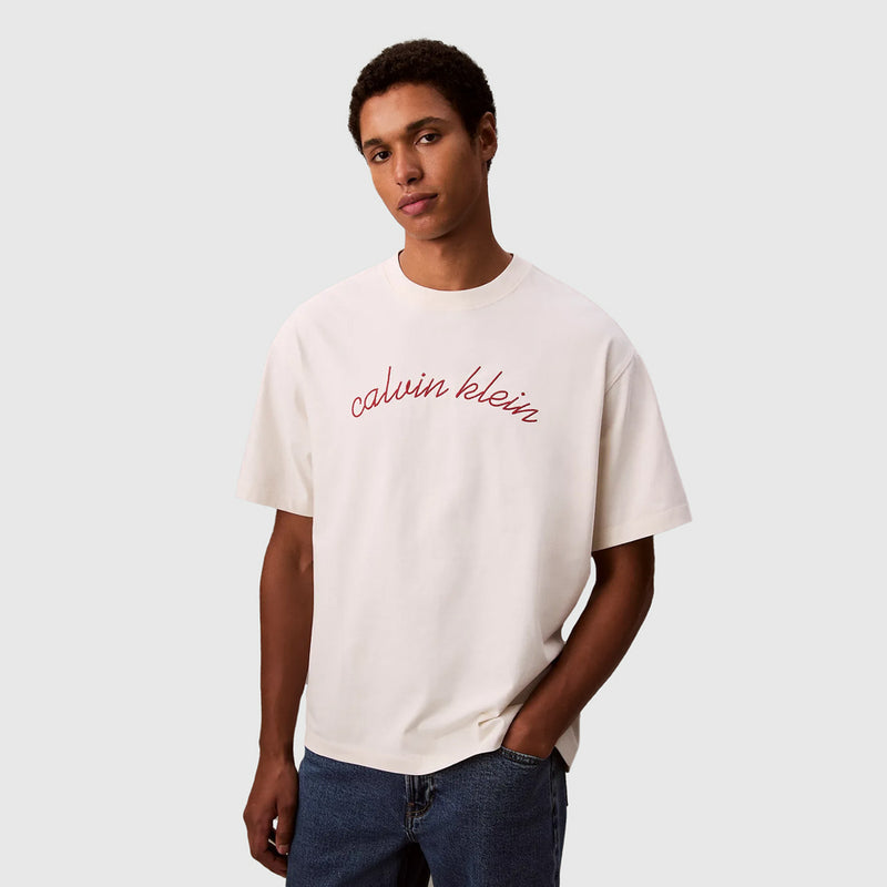 Calvin Klein Mens Centre Chain Stitch T-Shirt In Off White