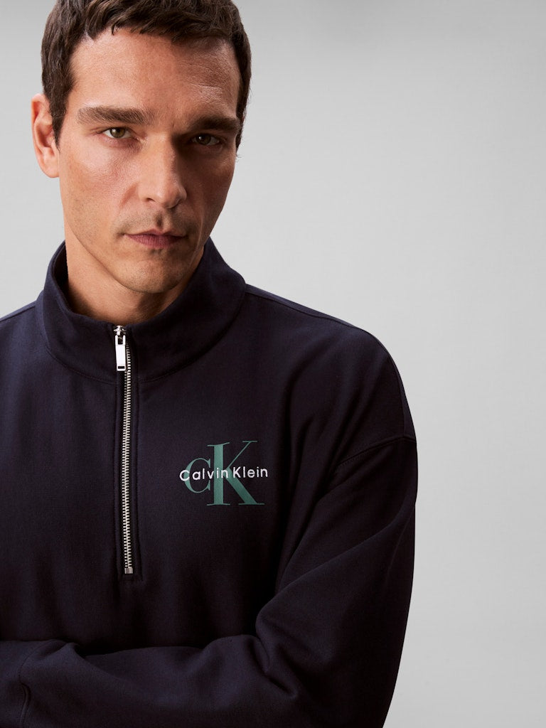 Calvin Klein Womens Micro Monologo Quarter Zip Sweater In Navy