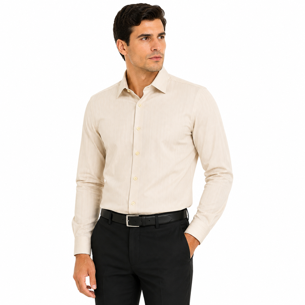 Morenzo Mens Lycra Sateen Stripe Shirt In Beige