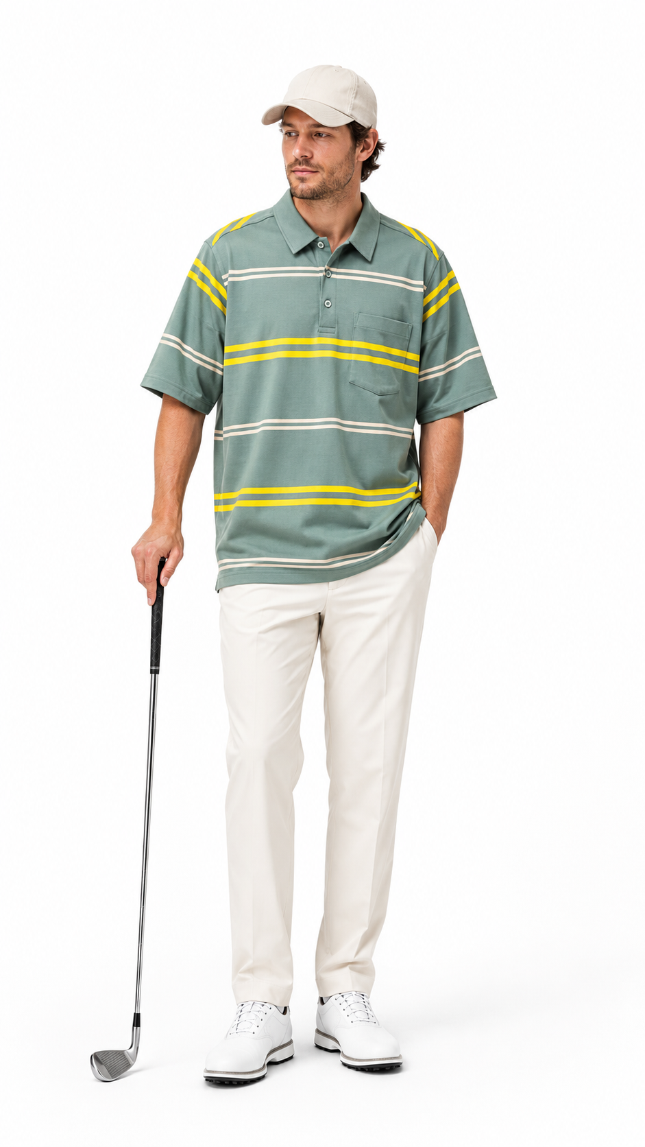 Jeep Mens Yarndye Stripe Golfer In Sage Multi