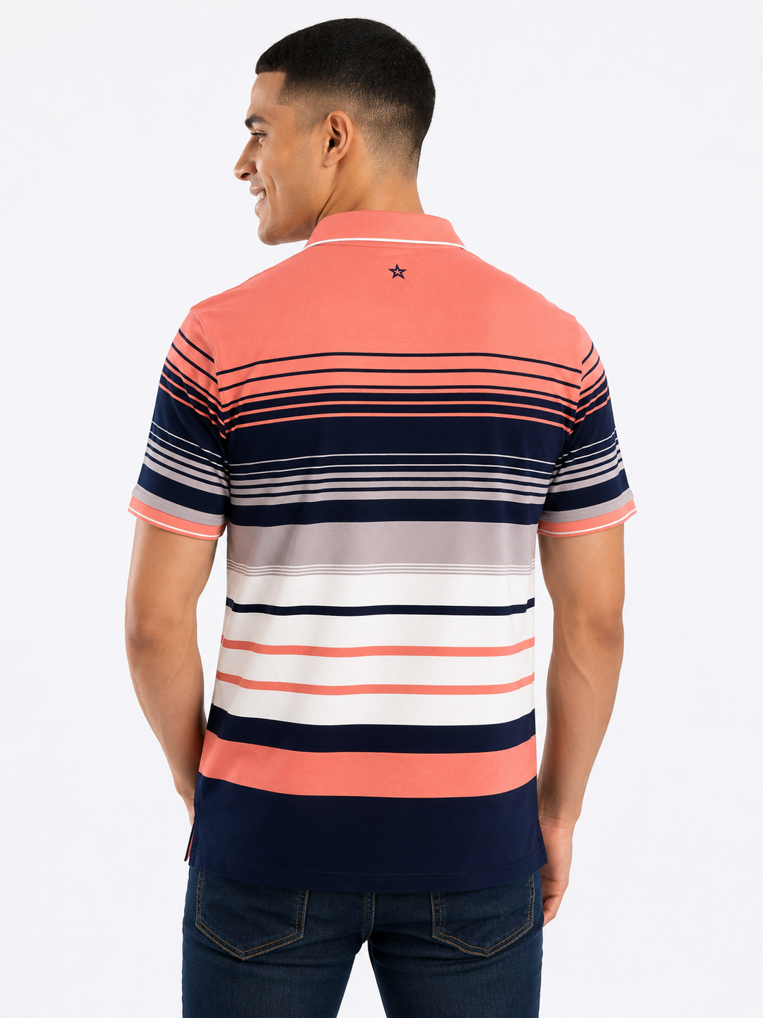 Soviet Mens Aspra Yarn Dyed Stripe Golfer In Salmon
