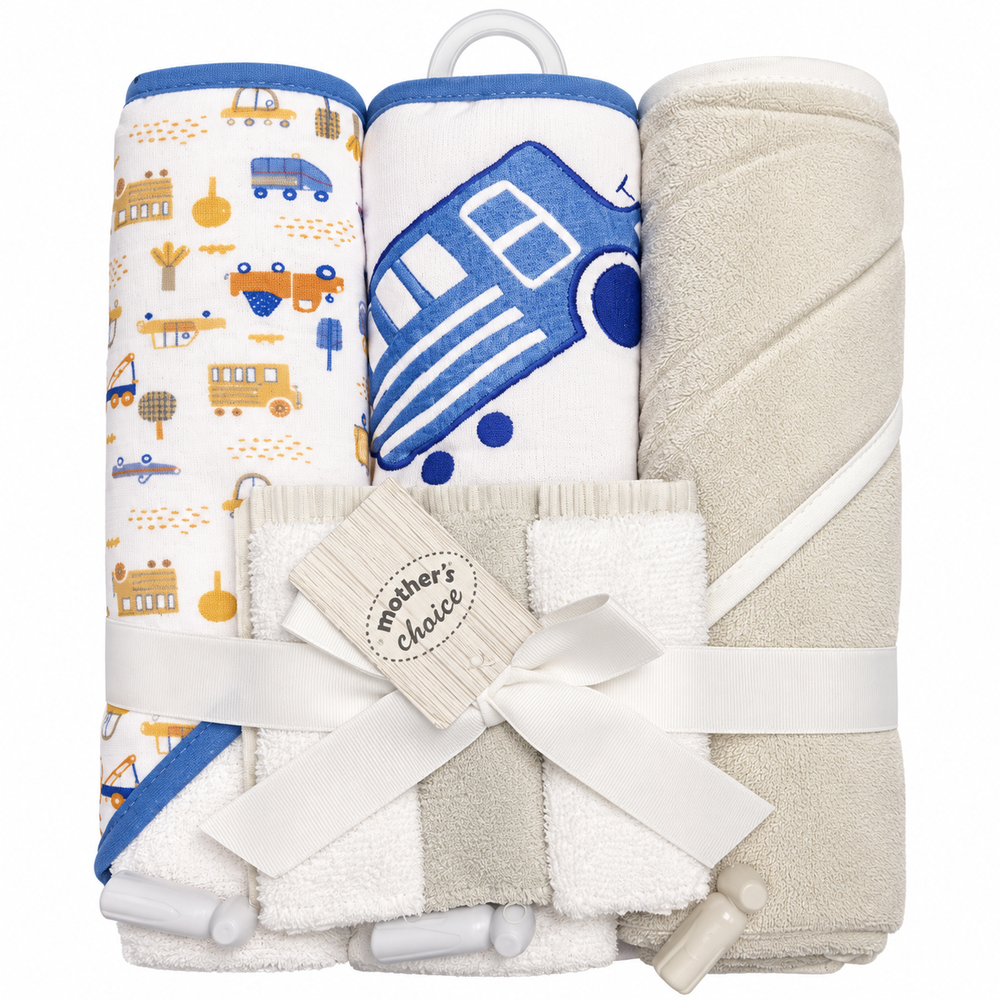 Mother's Choice Boys 3 Hooded Towels & 3 Squeakys In Blue & Grey