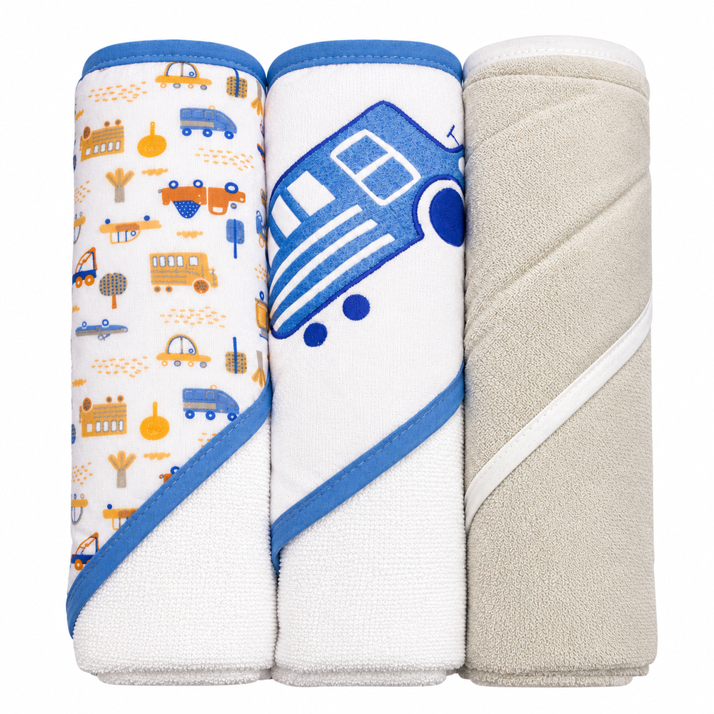 Mother's Choice Boys 3 Hooded Towels & 3 Squeakys In Blue & Grey