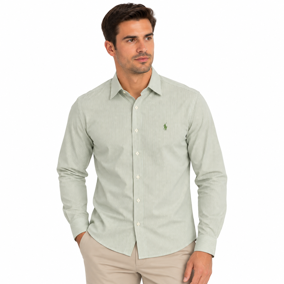 Polo Mens Long Sleeve Stripe Shirt In Sage