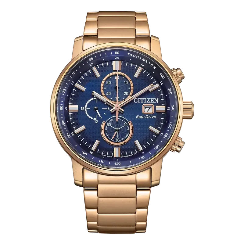 Citizen Gents Eco-Drive Navy Chrono Watch In Gold & Blue