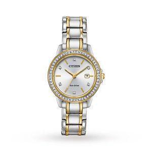 Citizen Womens Eco Drive Swarovski Stainless Steel Watch In Silver/Gold/Silver Dial