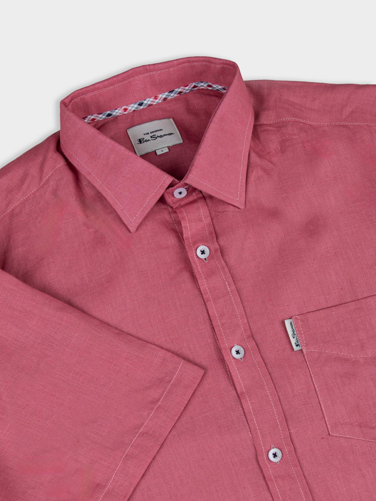 Ben Sherman Mens Linen Shirt Short Sleeve In Salmon