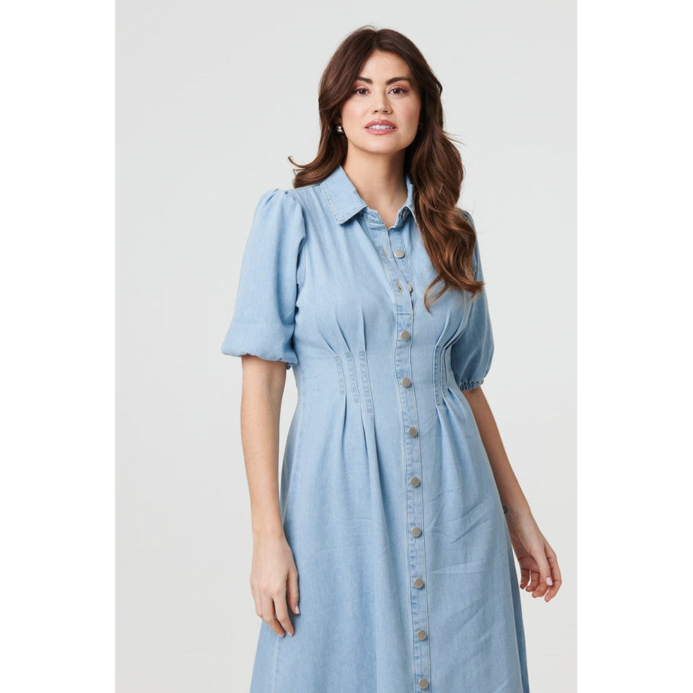 Izabel London Denim 1/2 Puff Sleeve Ruched Maxi Shirt Dress In Light Wash