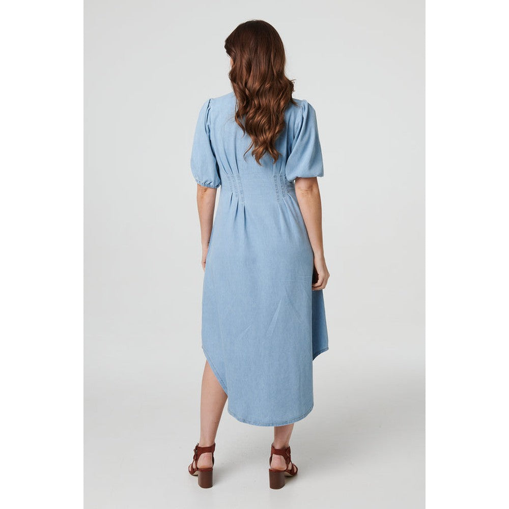 Izabel London Denim 1/2 Puff Sleeve Ruched Maxi Shirt Dress In Light Wash