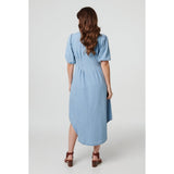 Izabel London Denim 1/2 Puff Sleeve Ruched Maxi Shirt Dress In Light Wash