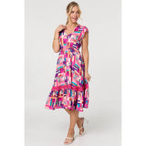 Stella Morgan Geo Print Cap Sleeve Shirred Midi Dress In Pink