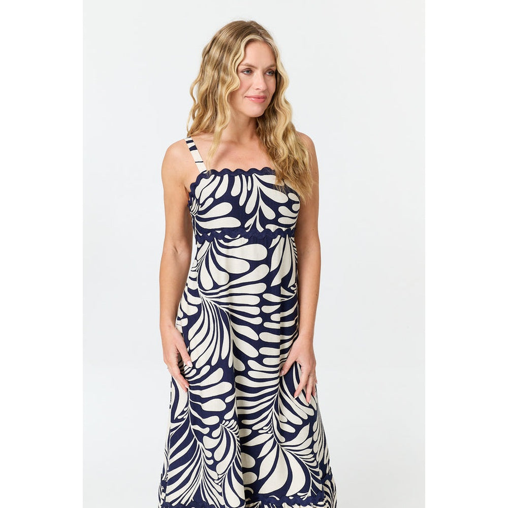 Izabel London Printed A-Line Cami Strap Maxi Dress in Navy Multi