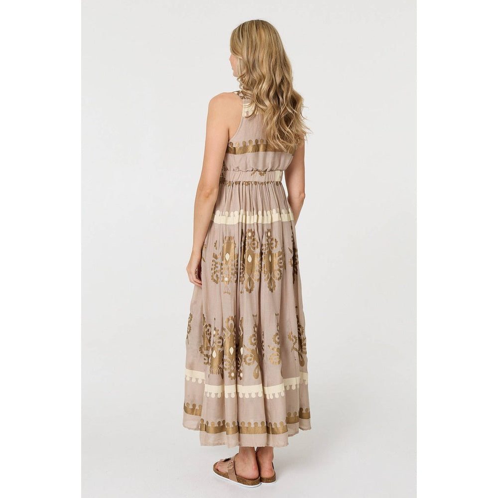 Izabel London Printed Ruched Sleeveless Maxi Dress In Brown