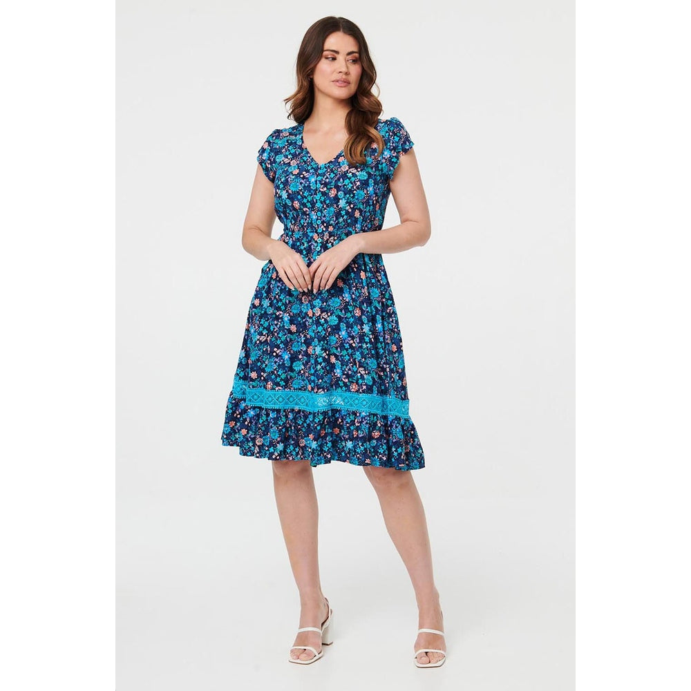 Stella Morgan Ditsy Floral Lace Trim Knee Length Dress In Navy Multi