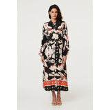Izabel London Abstract Long Sleeve Midi Shirt Dress in Black