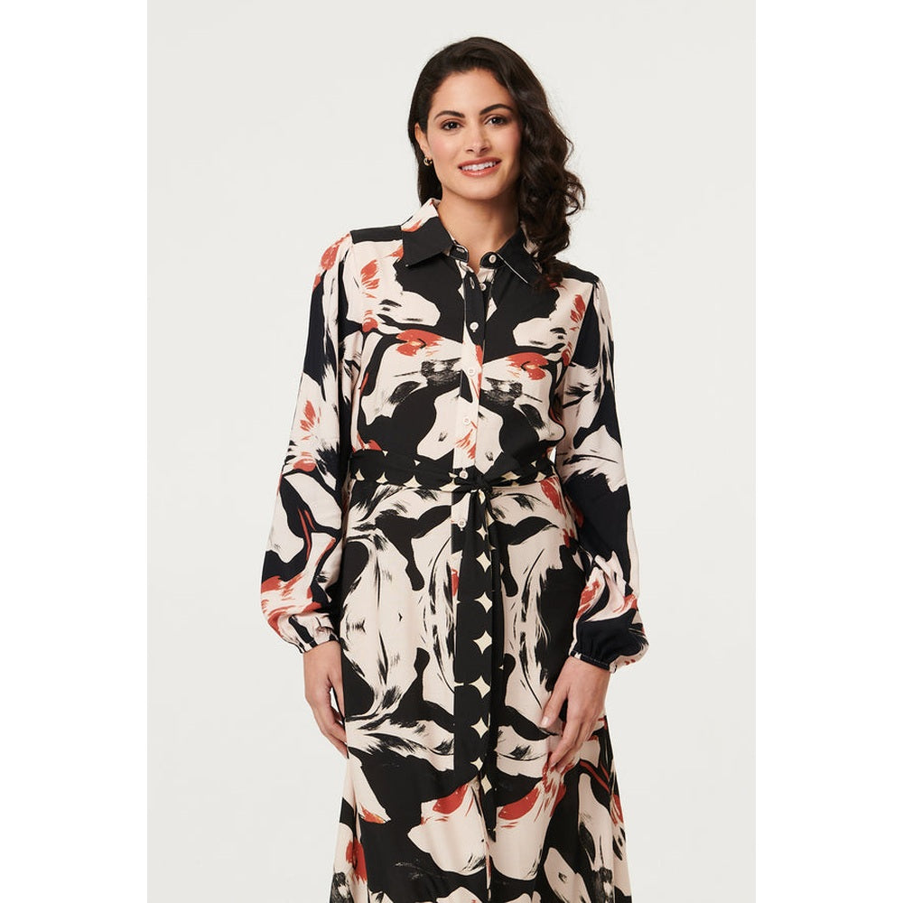 Izabel London Abstract Long Sleeve Midi Shirt Dress in Black