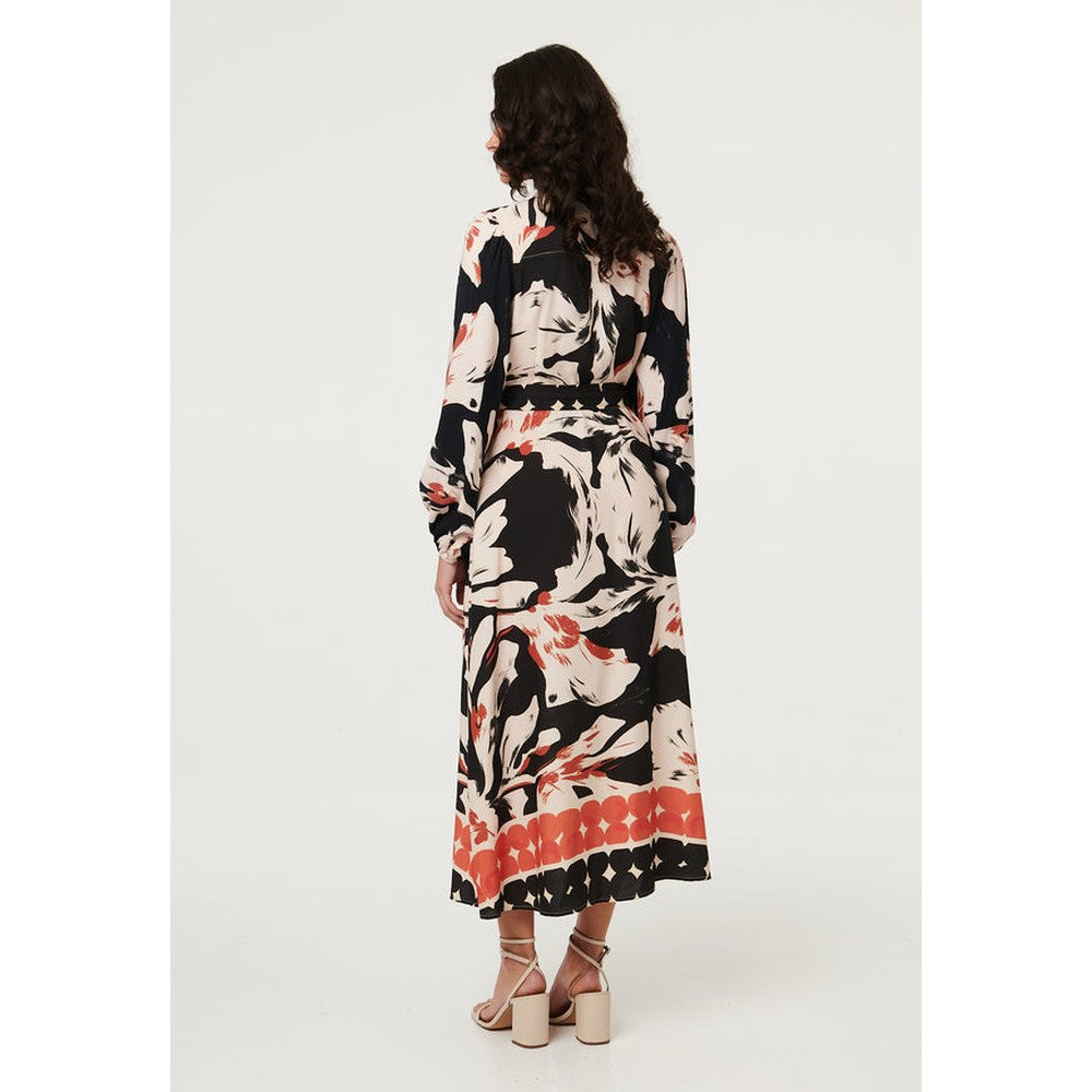 Izabel London Abstract Long Sleeve Midi Shirt Dress in Black